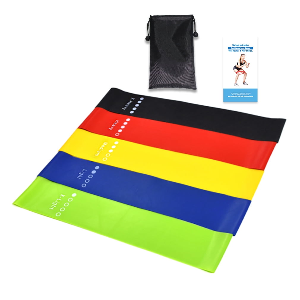 Set of 5 Details about   Resistance Loop Exercise Bands with Instruction Guide and Carry Bag 