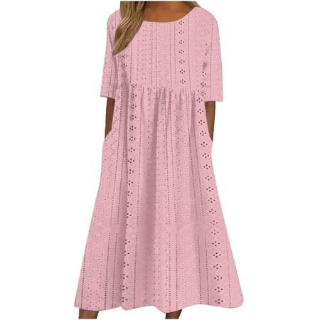 Blphud Elegant Dresses for Women 2024 Summer Dresses for Women 2024 Casual Dresses Women Elegant Women s Casual Jacquard Short Sleeve Dress Solid Color Dress Dresses for Women Pink XL