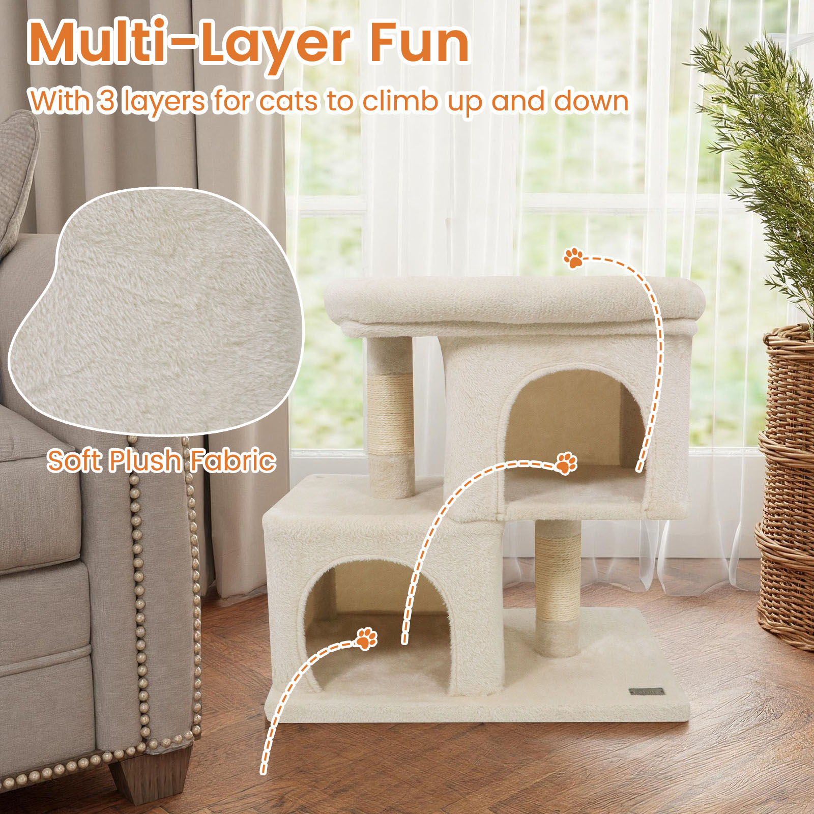 Gymax 25.5'' Cat Tree w/2 Large Condo Padded Top Perch Sisal Scratching Posts for Cats Beige