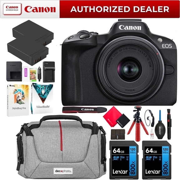 Canon EOS R50 Mirrorless Camera (Black) with RF-S 18-45mm F4.5-6.3 IS STM Lens 5811C012 Bundle with Deco Gear Photography Bag   2 x Battery   2 x 64GB Memory Cards| Official Canon USA Dealer