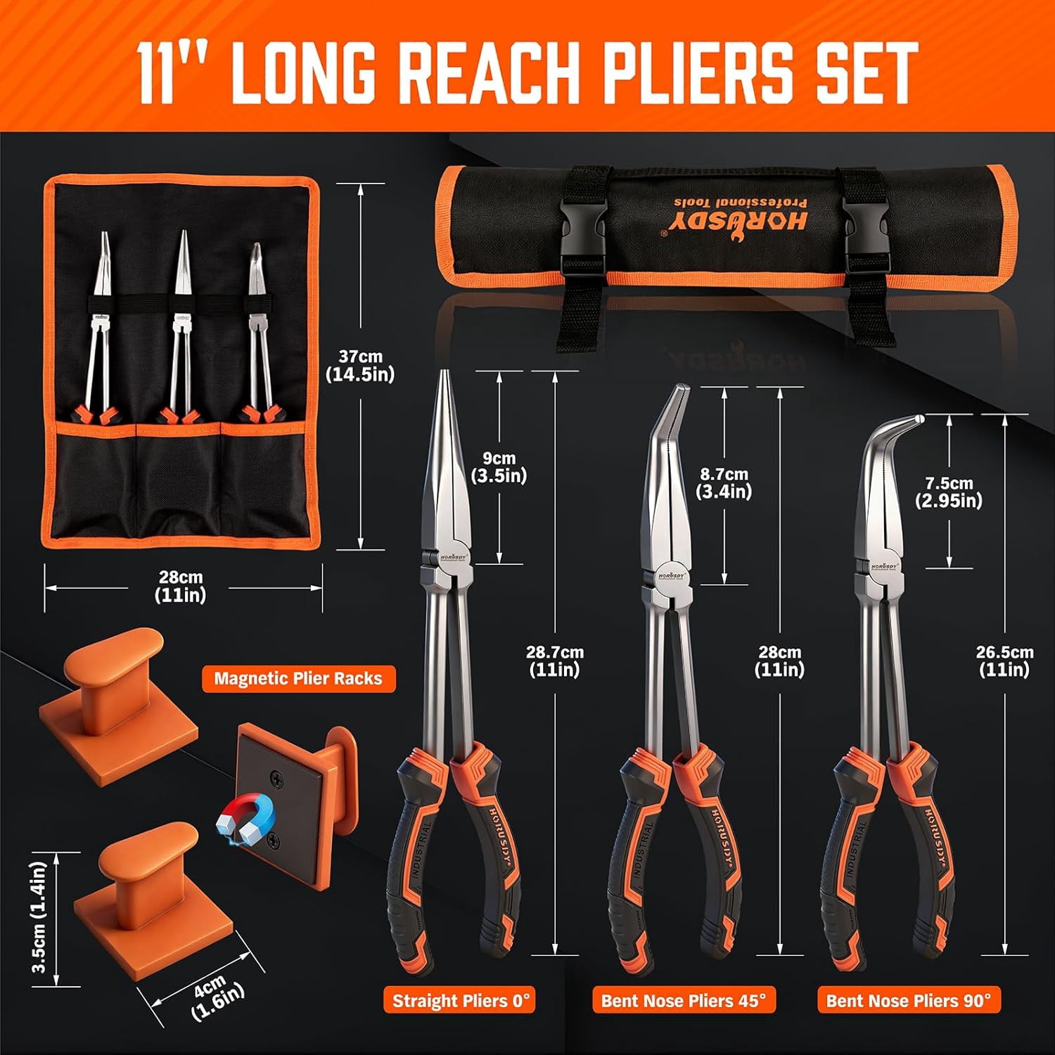 3-Piece 11 Inch Long Reach Needle Nose Pliers Set, Extra Long Straight, 45° & 90° Bent Nose Pliers with 3 Magnetic Plier Racks and Roll-Up Storage Bag for Tight Spaces