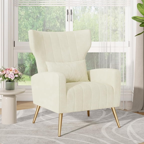 MOONMISS Velvet Accent Chair for Living Room, Modern Arm Chair with Pillow, Single Sofa Lounge Chair for Bedroom & Reading Room,Beige