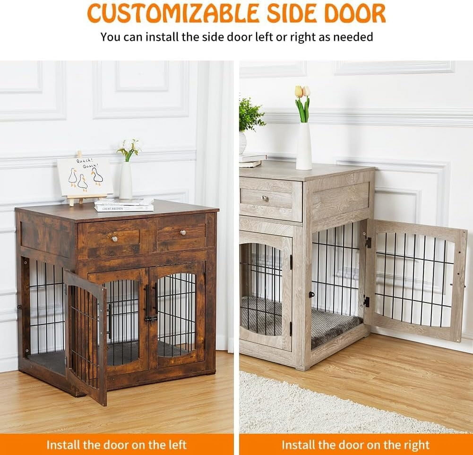 Garvee 3-Doors Dog Crate Furniture, 31.5"L Medium Wooden Dog Kennel with 2 Storage Drawers & Cushion, Gray