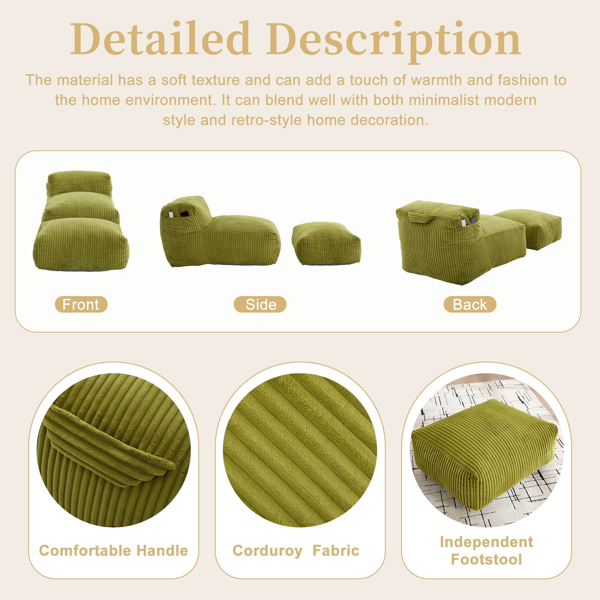 Sailvan Big Bean Bag Chair for Adults with Ottoman,Large Lounger Sofa,Soft Corduroy Beanbag Chair for Bedroom Dorm Living Room Olive
