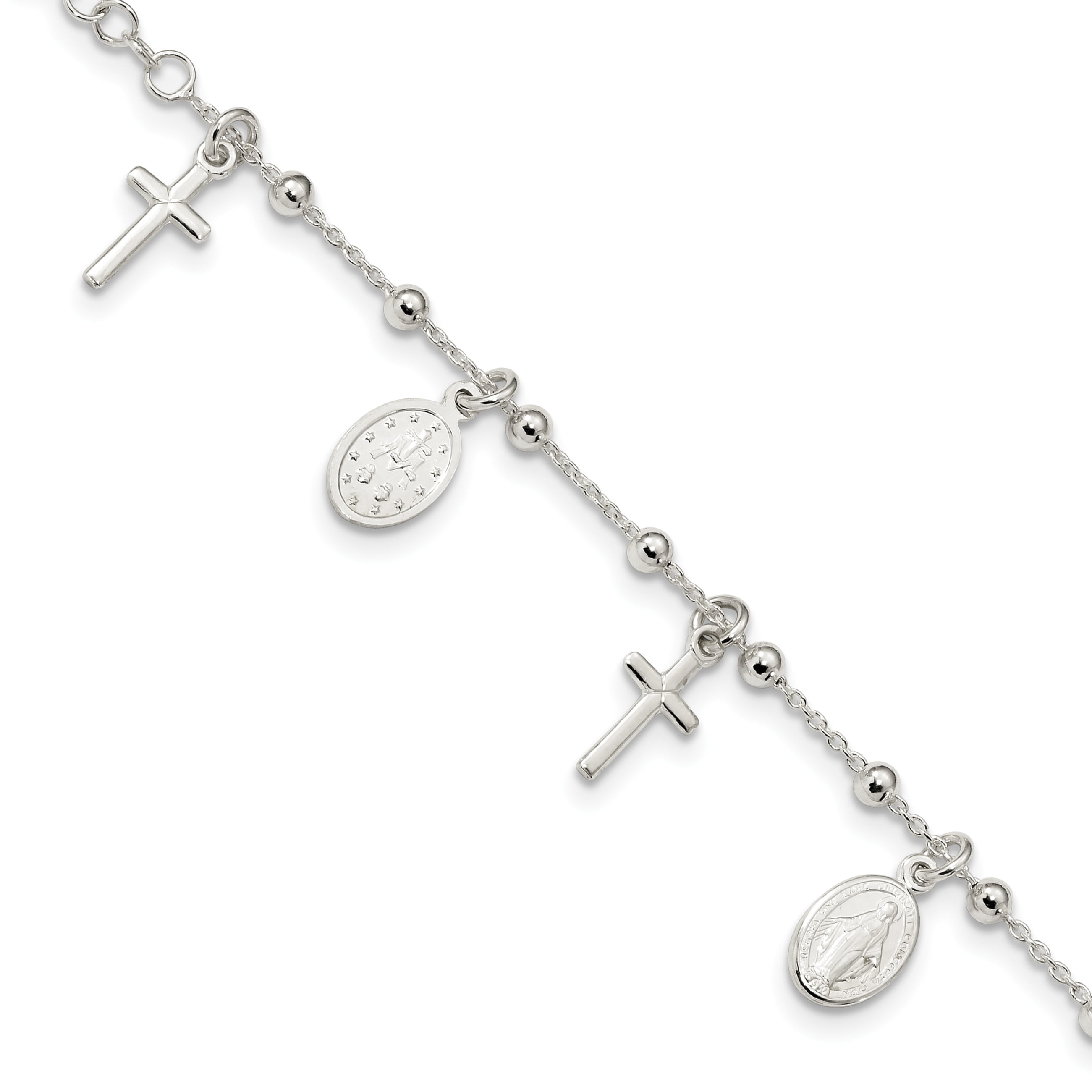 The charm features a Miraculous medal. The Crucifix measures 5/8 x 1/4 Silver Plate Rosary Bracelet features 6mm Sapphire Fire Polished beads 