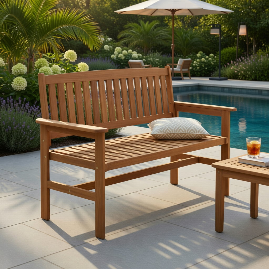 Hommoo 2-Person Solid Wood Patio Loveseat with Slatted Backrest, Ergonomic Curved Seat & Supportive Armrests for Porch, Backyard & Outdoor Living, Natural