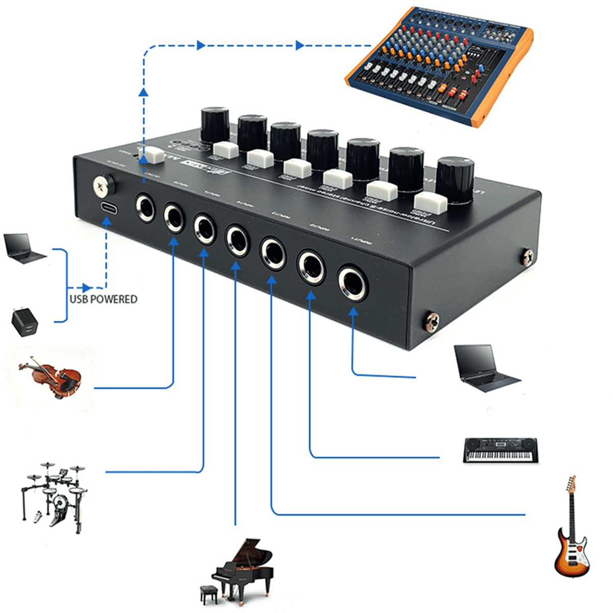 6 Channel Ultra Low Noise Stereo Line Mixer Mini Professional Sound Mixer Power Supply DC5V Easy Operation Audios Mixer
