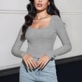 thumbnail image 2 of Women's Long Sleeve Square Neck Crop Top Knitted Slim Fitted Shirts Y2k Trendy Basic Blouse Solid Color Casual Fall Clothes (Gray XL), 2 of 6