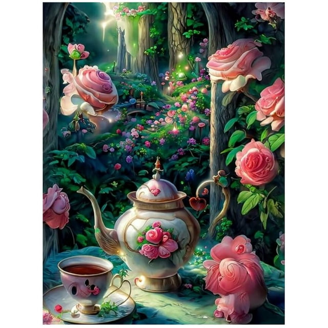 5D Embroidery Coffee Cup Rhinestone Kit Diamond Painting New Pink peony Flower Castle teap,30*40cm, frame not included.