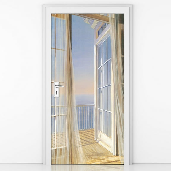 Modern Art 3D Door Sticker, Peel and Stick Vinyl Door Mural Decals for Home Decor, Window sill sea view sticker wooden door porch decorative wall sticker, 2 Pcs Set