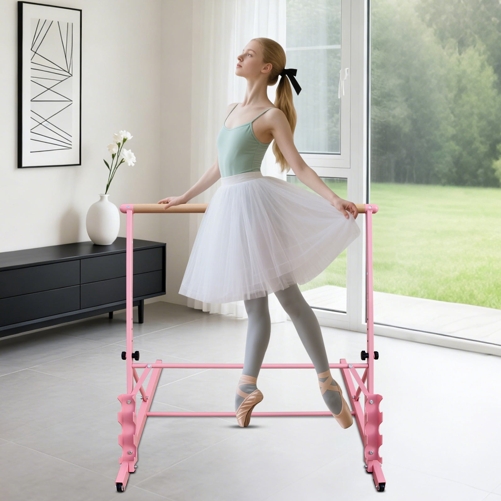 Solid Wood Ballet Barre 3.5FT with Adjustable Height 31.5-39.5 Inches, Portable Dance Practice Barre with Wheels for Home, Studio, Adjustable, Pink
