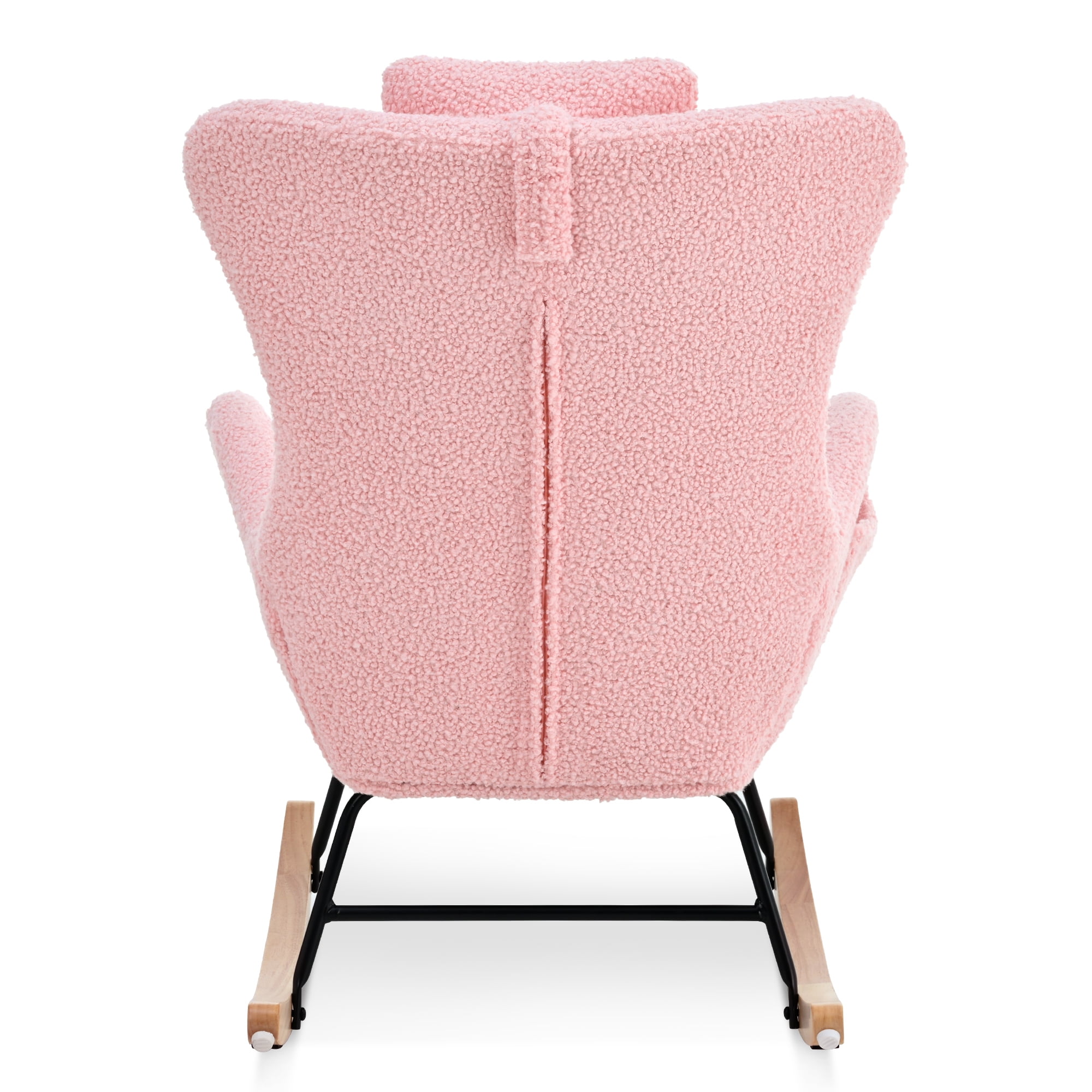 Rocking Chair Nursery, Teddy Upholstered Rocker Glider Chair w/High Backrest, Adjustable Headrest & Pocket, Comfy Glider Chair for Nursery, Bedroom, Living Room, Offices, Rubber wood, pink 17753