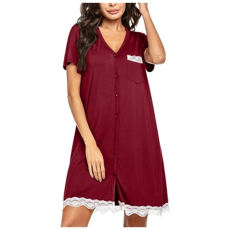 

Lyinloo Women Short Sleeve Solid V-Neck Lace Pocket Sexy Top Sleep Dress Nightdress Red L