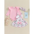 thumbnail image 2 of Bagilaanoe 2Pcs Toddler Easter Outfits Baby Girls Overalls Dress Set Ruffle Long Sleeve Romper Tops + Suspender Skirt + Headband 3M 6M 9M 12M 18M Infant Casual Clothes, 2 of 9