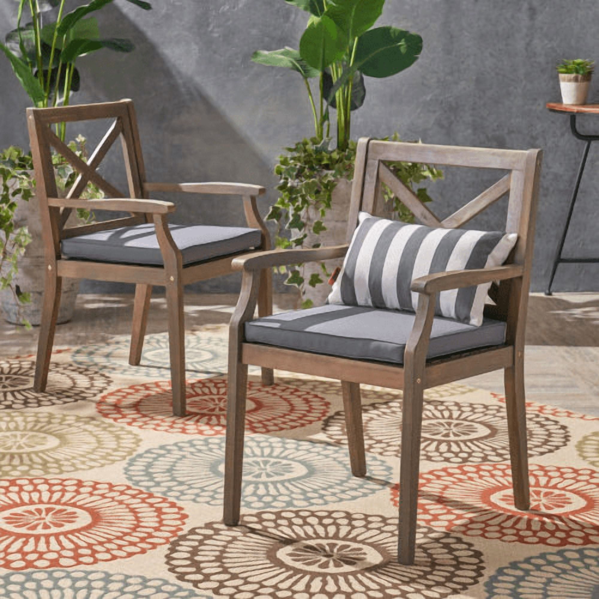Cushioned Dining Chairs Set of 2, Perla Outdoor Chairs with 2 Cushions for Backyard Poolside, Grey