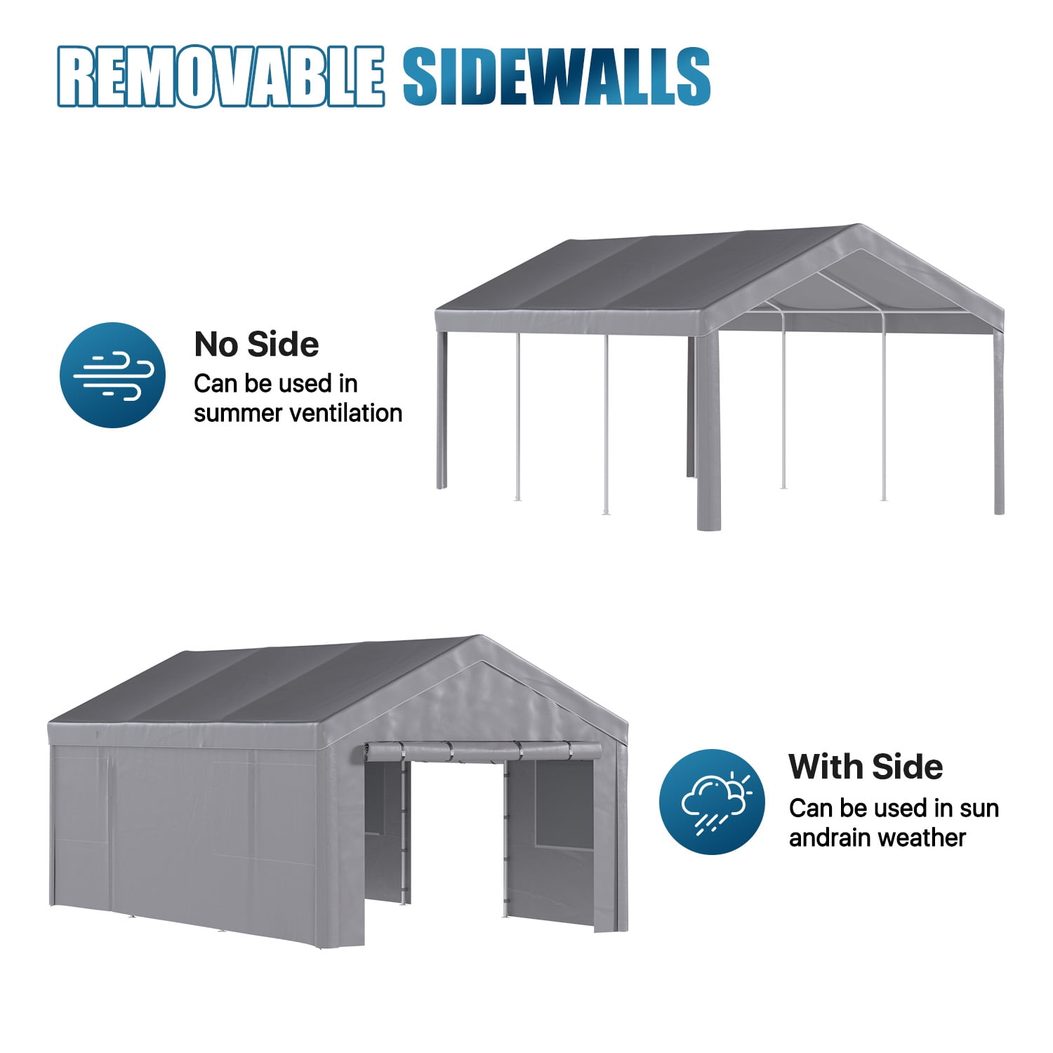 Dateyes  12x20ft Heavy Duty Carport Canopy, Portable Garage Car Canopy with Removable Sidewalls, Car Shelter for Cars, Boats, and Tools Storage, Gray