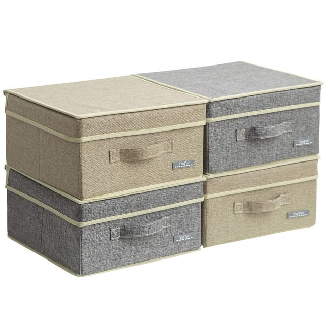 Yueyue Paquete De 4 Cajas De Almacenamiento De Tela Pequeñas Con Tapas Caja De Almacenamiento De Lino Plegable Con Tapas Juego De 4 Piezas Gris Y Lino 12.4In/12In/6.7In