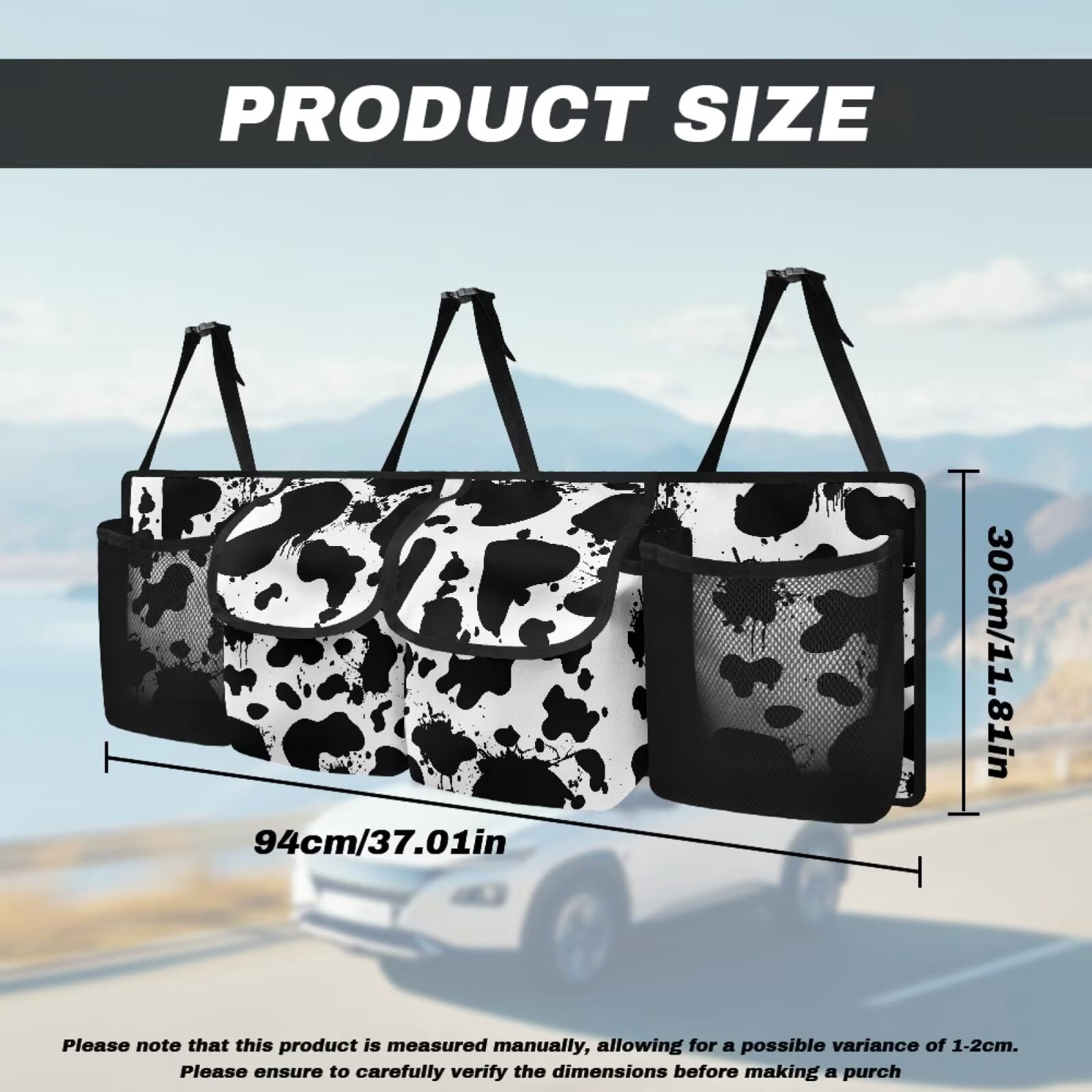 KUIFORTI Car Trunk Hanging Organizer, Cow Print Car Trunk Organizers for Women Car Interior Accessories with 2 Pockets & 2 Mesh Pouches, Will Provide More Space for SUV, MPVs, Trucks, Vans, Sedans