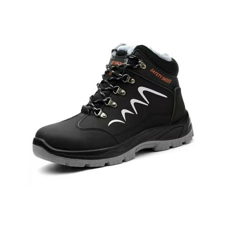 

Ferndule Men Leather Hiking Shoe Construction Comfort Puncture-proof Anti-smash Heavy Duty Safety Boot Black Plush Lined 8.5