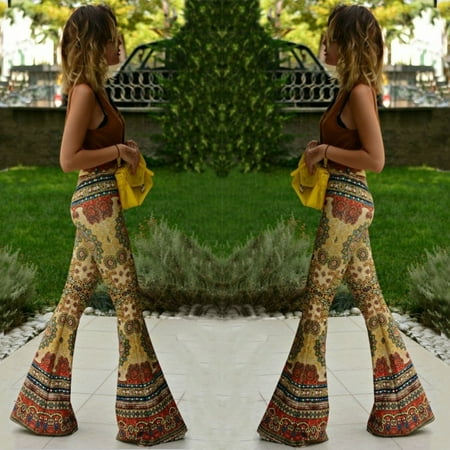 Ladies Flare Leg Pant - New Womens Summer Floral Pants Casual High Waist Flare Wide Leg Long Trousers