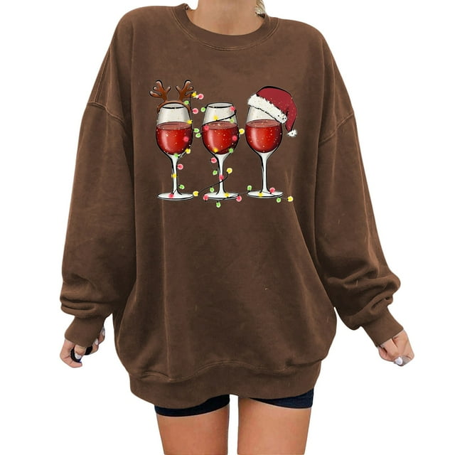 Gibobby Sudaderas Navideñas para Mujeres holgado informal de manga larga con cuello redondo de tamaño para mujer(Café,XG)