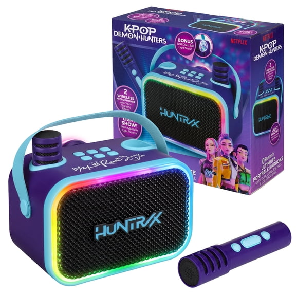 KPop Demon Hunters Bluetooth Karaoke Machine for Kids with 2 Wireless Microphones, LED Lights and USB Disco Ball