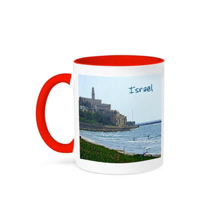 3dRose, Jaffa buildings by the sea - Yafo - Israel - travel photography - arabic islamic architecture, 15oz Two-Tone Red Mug