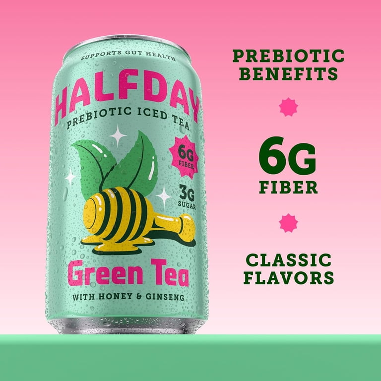 Halfday Prebiotic Green Iced Tea Drink, 12 fl oz, Honey Ginseng