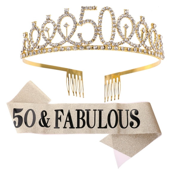HONITANO 2Pcs Golden Crown and Sash Set for Birthday Parties and Decorations