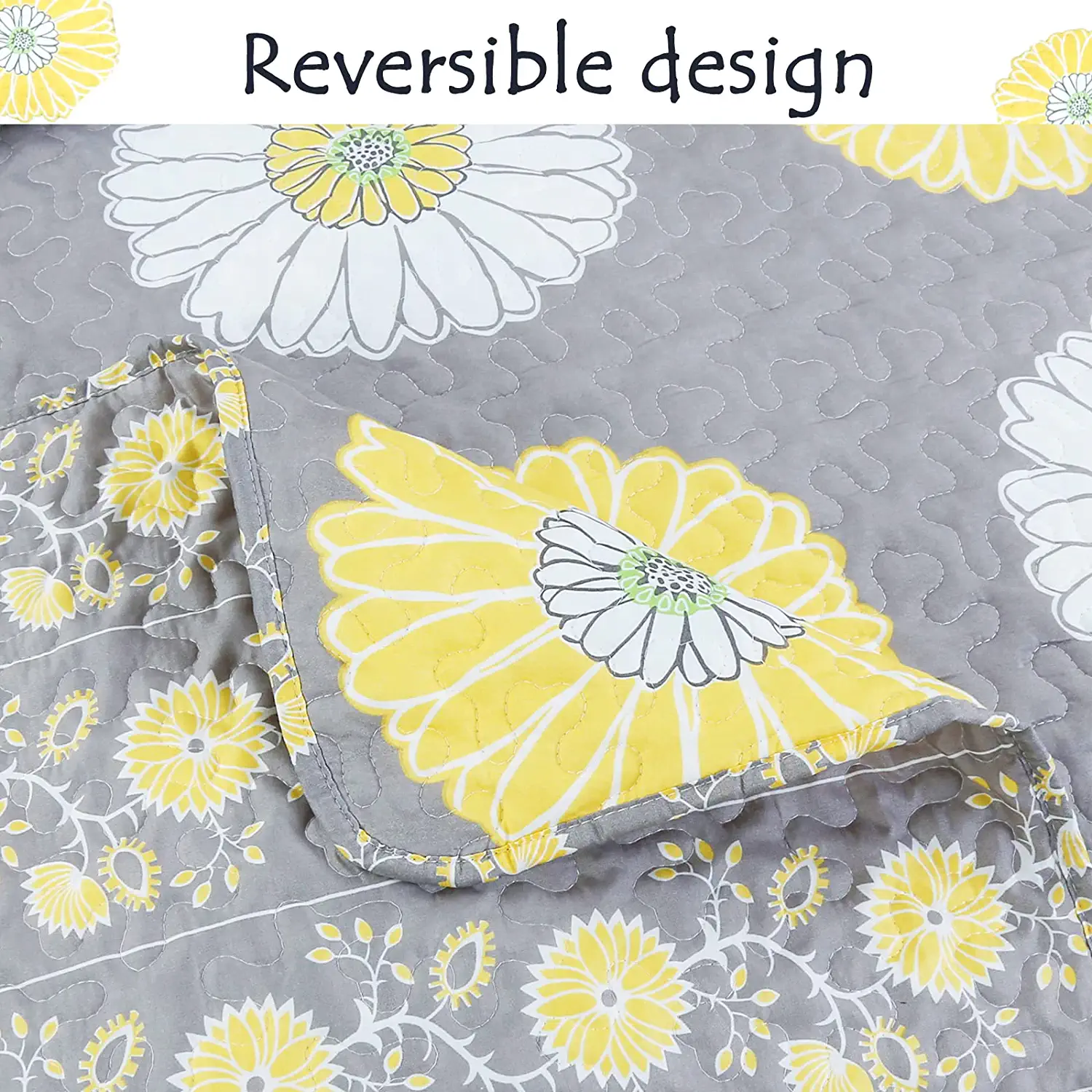 Cozy Line Home Fashions Brianna Floral Yellow/Gray 3-Piece Quilt Bedding Set, King