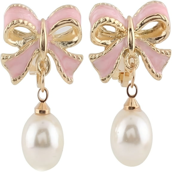 DESIGNICE Pink Bowknot Shape Clip On Earrings Without Piercing For Women Pearl Drop Earrings