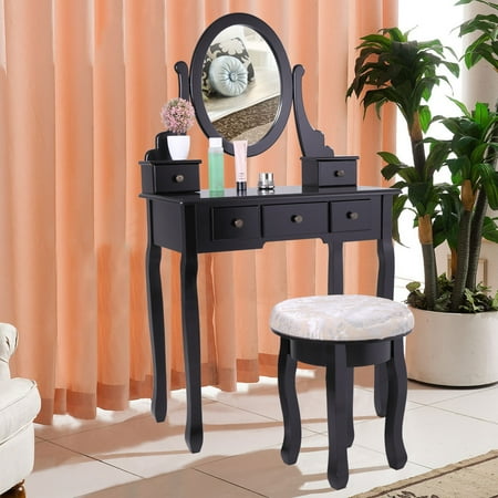 Wooden Vanity Set Jaxpety Wooden Vanity Table Set Makeup Dressing Table with Stool and Oval Mirror, Black ()