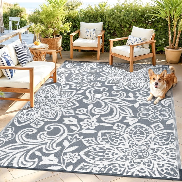 Findosom Waterproof Outdoor Rug 5' x 8' - Reversible Mandala Outdoor Plastic Straw Rug, Durable Foldable Patio Rug for RV, Deck, Balcony, B
