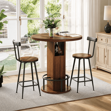 UZUGUL 3-Piece Walnut Bar Table Set, 31.5” Round Table + 2 Stools, Built-in Storage, T-Shape Base, for Dining Kitchen