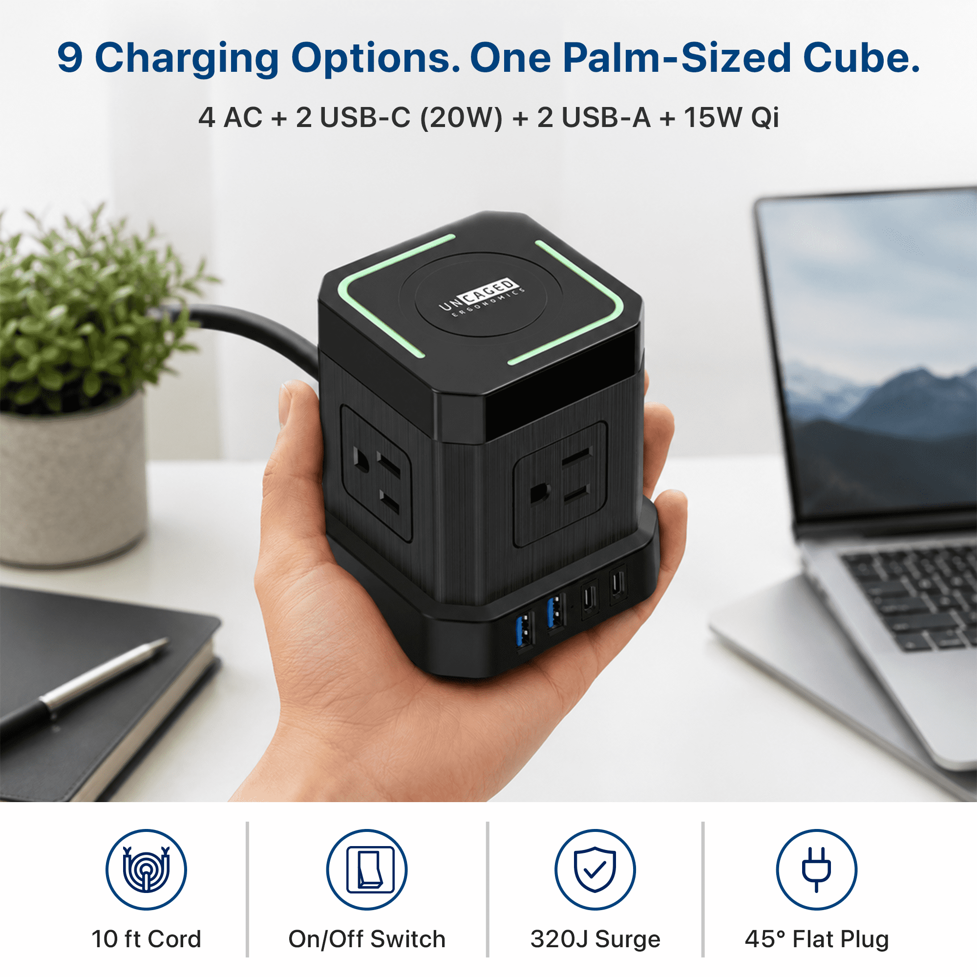 Wireless Cube Power Strip Surge Protector with 15W Qi Charger, 4 AC, 2 USB-C, 2 USB-A, 10 Ft Cord, Black
