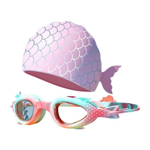 Gafas de natación con gorro, gafas de natación impermeables y ajustables para niños, natación de sirena Rosa
