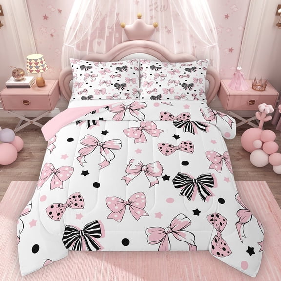 Homewish Girls Cartoon Bowknot Bedding Comforter Set 2pcs,Polka Dots Stripes Twin Comforter Sets Microfiber,Stars Print Breathable Bedding Set,Luxury Bedroom Decor,Reversible