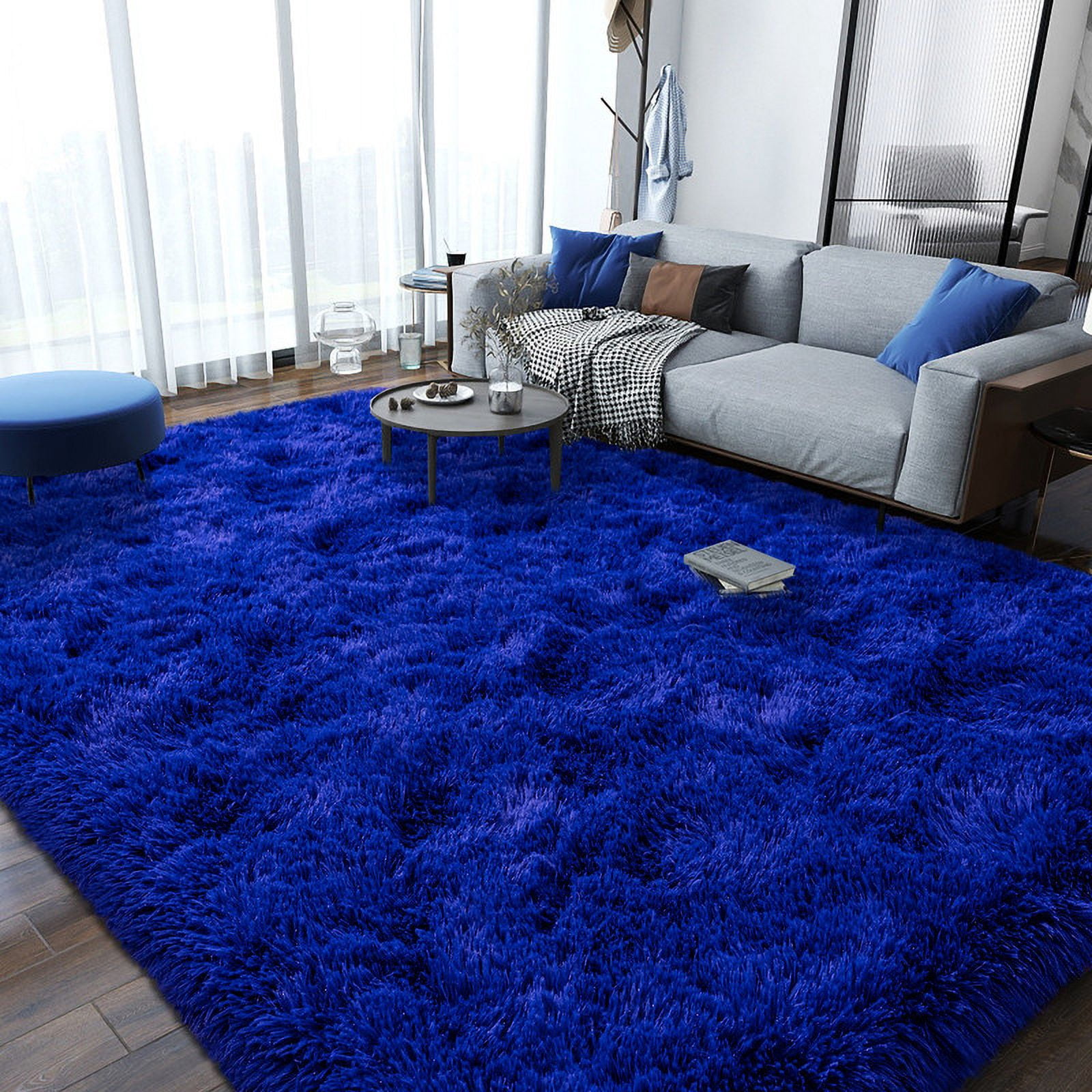 washable rugs 9x12ft Large Fluffy Area Rugs for Bedroom,Bright Blue Soft Carpet Shag Kids Rug with Non-Slip Stickers Rug Pads Living Room Bedroom Father's Day Gifts Decora