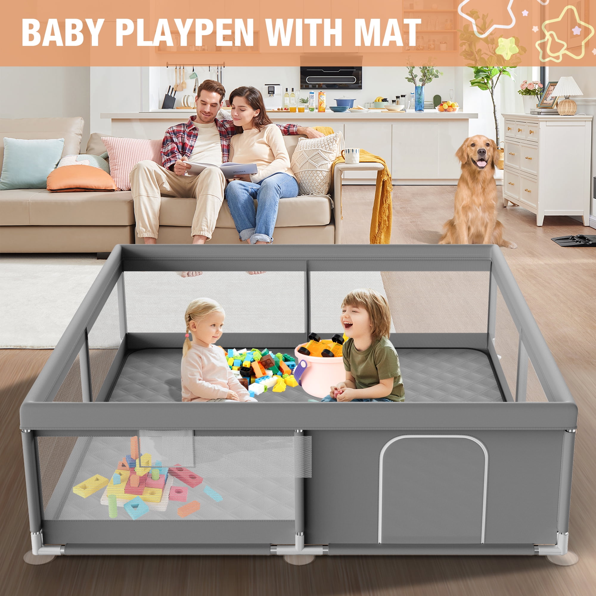 Babyeap Baby Playpen With Mat, Large Play Yard Fence for Toddlers, 50"x50" Gray