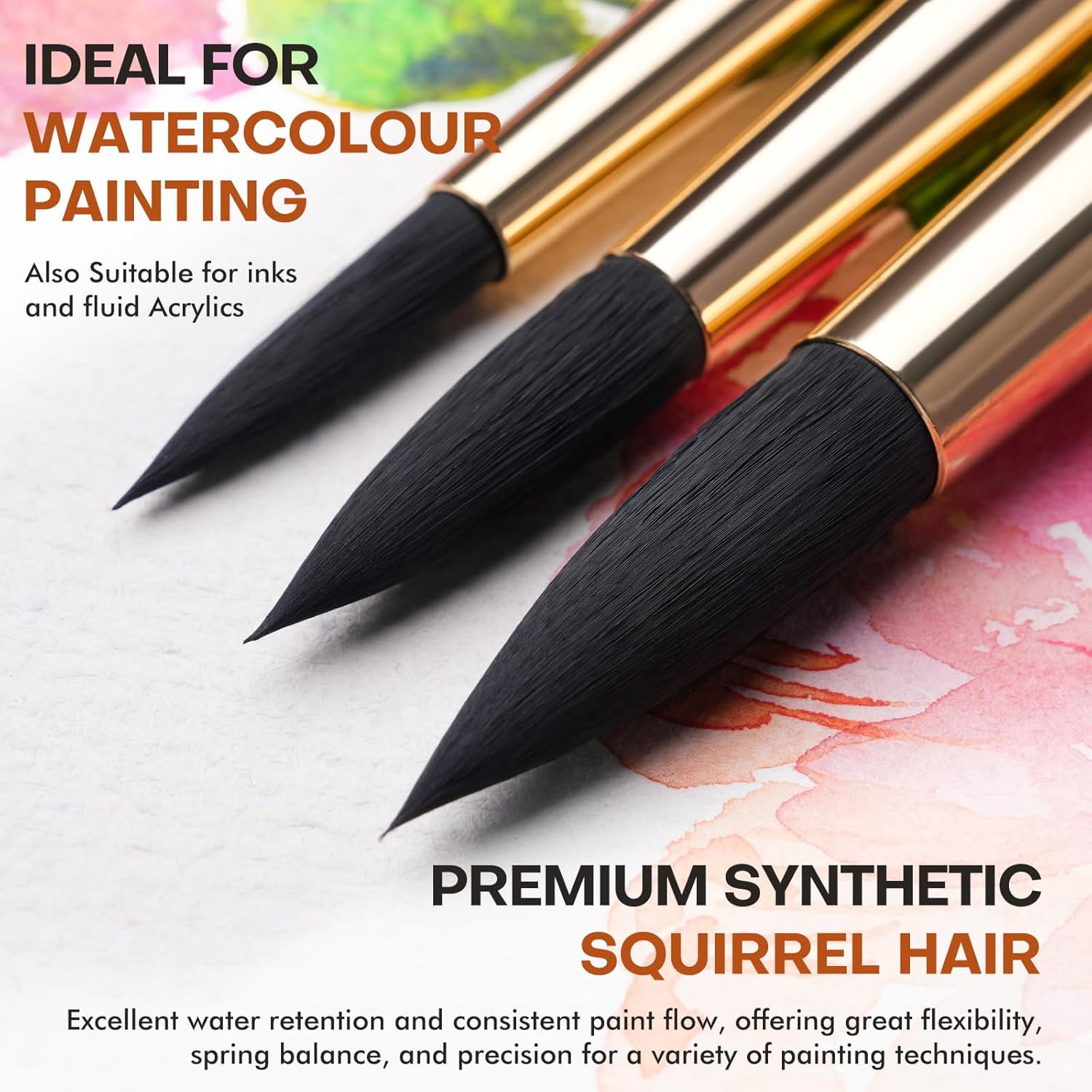 Watercolor Brushes Professional, Fuumuui 10Pcs Synthetic Squirrel Hair Watercolor Paint Brush Set for Artists - Flat, Round Pointed, Dagger, Cat's Tongue Oval Wash