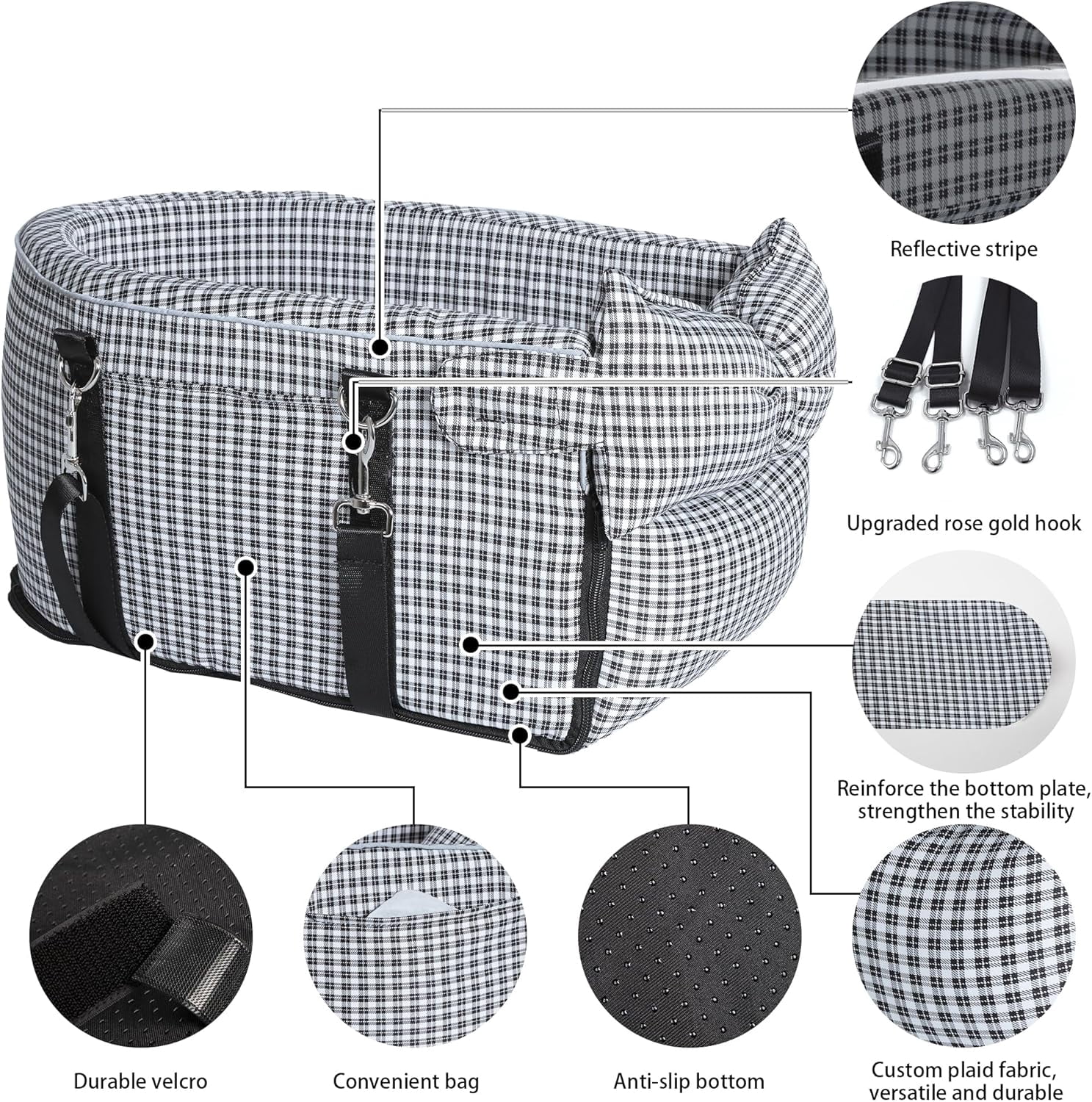 Sparklane - Center Console Dog Car Seat Dog Bed for Car Console Portable Armrest Booster Seat Carrier for Small Medium Dogs Anti-Collapse for Puppy Pet Up to 15 Lbs（Grid Black）