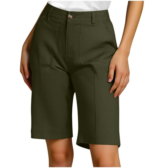 Hvot&aat Women Summer Casual Solid Color Slim Button Pocket Workwear Pants Knee Length Bermuda Shorts with Pocket