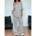 thumbnail image 5 of Women'S 2 Piece Travel Outfits Casual Short Sleeve Knit Sweater Set Wide Leg Pants Lounge Sets Light Gray XL, 5 of 9