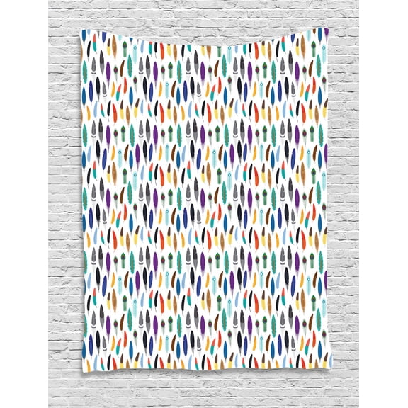 Feather Tapestry, An Assortment of Colorful Quills Ethnic Aztec Folklore Motifs Bohemian Illustration, Wall Hanging for Bedroom Living Room Dorm Decor, 40W X 60L Inches, Multicolor, by Ambesonne