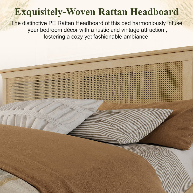 King Size Wooden Platform Bed with Rattan Headboard, Low-Profile Bed Frame with 8.6'' Under-Bed Storage