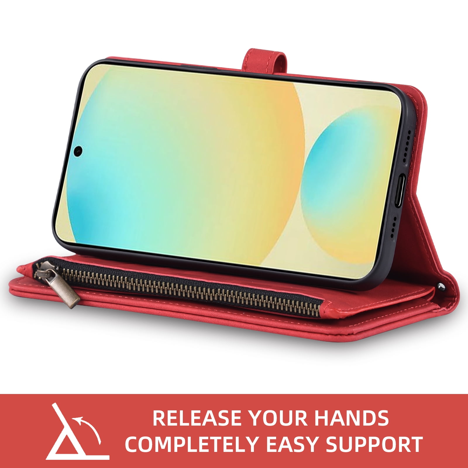 Asuwish Phone Case for Samsung Galaxy S24 FE 5G Wallet Cover With Tempered Glass Screen Protector Crossbody Wrist Strap Flip Pattern Zipper Credit Card Holder Cell S 24 EF AI S24FE 24S Women Men Red
