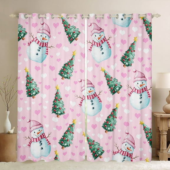 Feelyou Winter Pink Snowman Black Out Curtains, Merry Christmas Curtains Pack of 2 (42x63 Each), Western Festival Holiday Bedroom Curtains, Living Room Curtains Decor