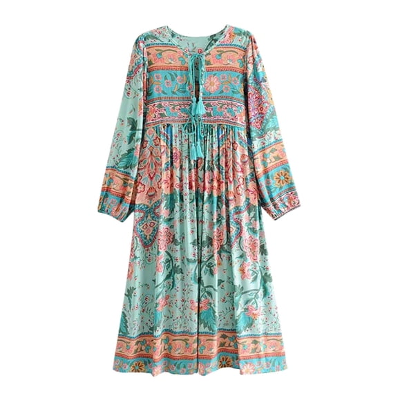 XIAOCHA Womens Long Sleeve Boho Dress Floral Print Tie Neck Tassel Accent Loose Fit Maxi Dress Comfortable Weekend Casual Dress