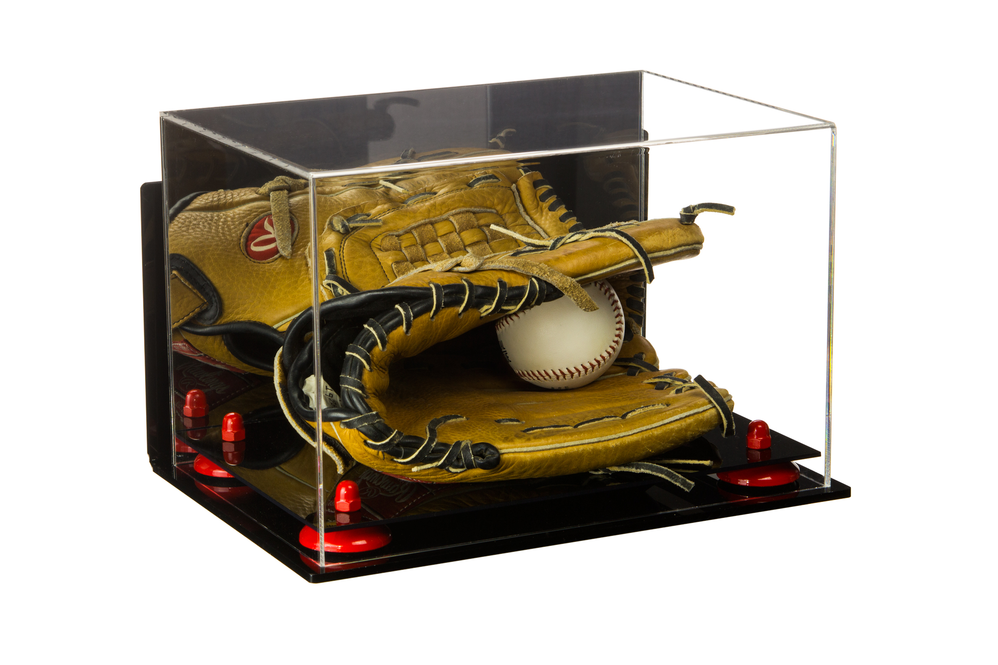 Deluxe Acrylic Baseball Glove Display Case with Red Risers, Mirror and Wall Mount (A004RR
