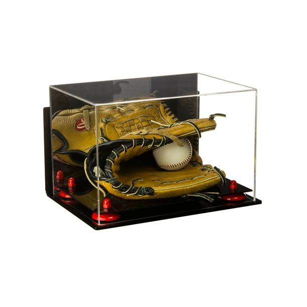 Deluxe Acrylic Baseball Glove Display Case with Red Risers, Mirror and